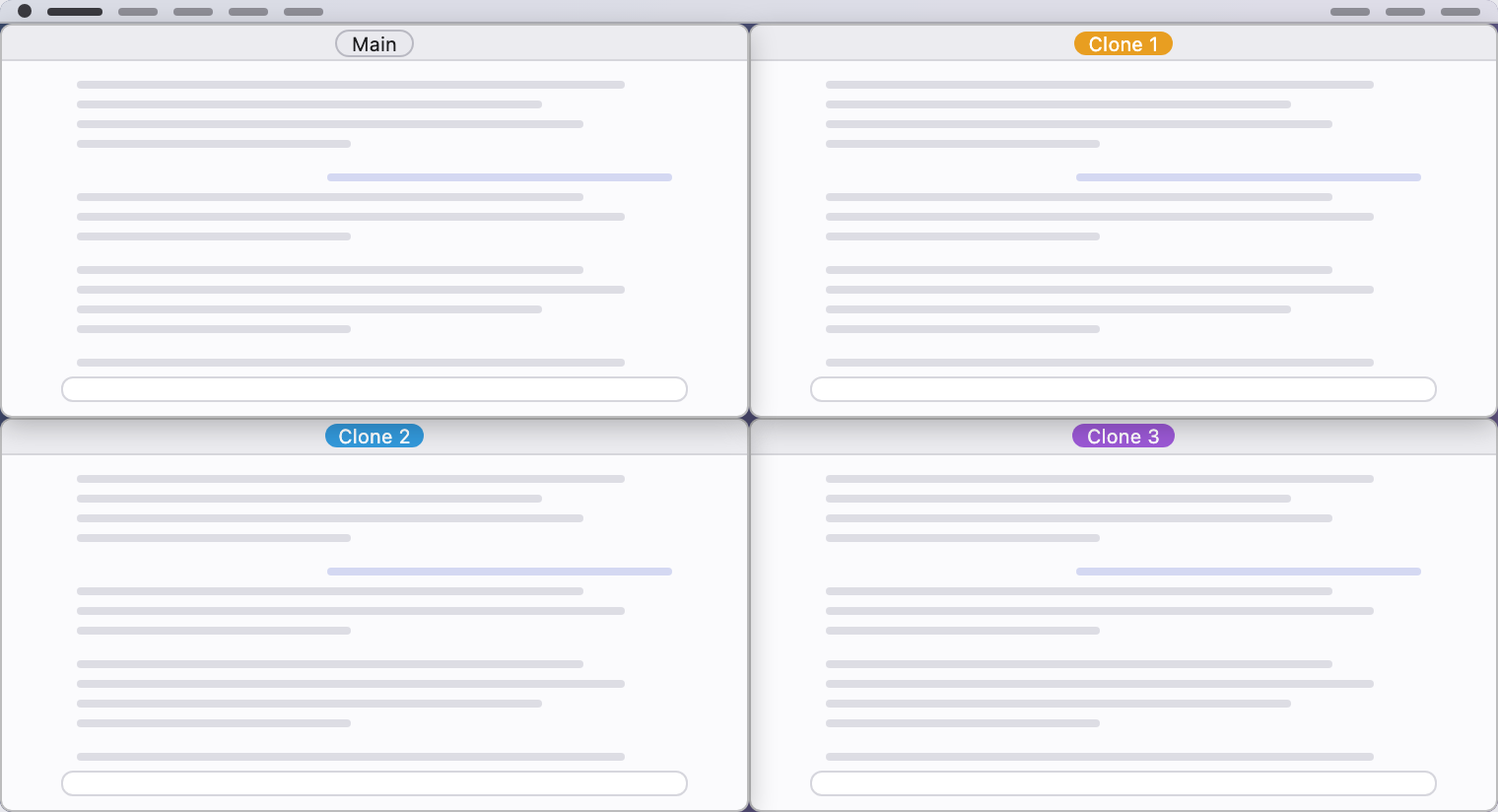Schematic desktop: Main and three clones in a two-by-two grid