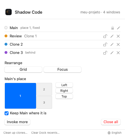 Shadow Code window listing Main and three clones with rename, lock and close controls